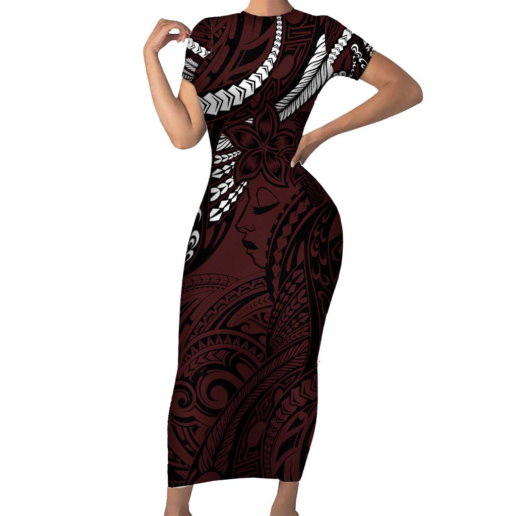 Polynesian Girl Tribal Tattoo Family Matching Short Sleeve Bodycon Dress and Hawaiian Shirt Oxbood Vibe LT9 Mom's Dress Oxblood - Polynesian Pride