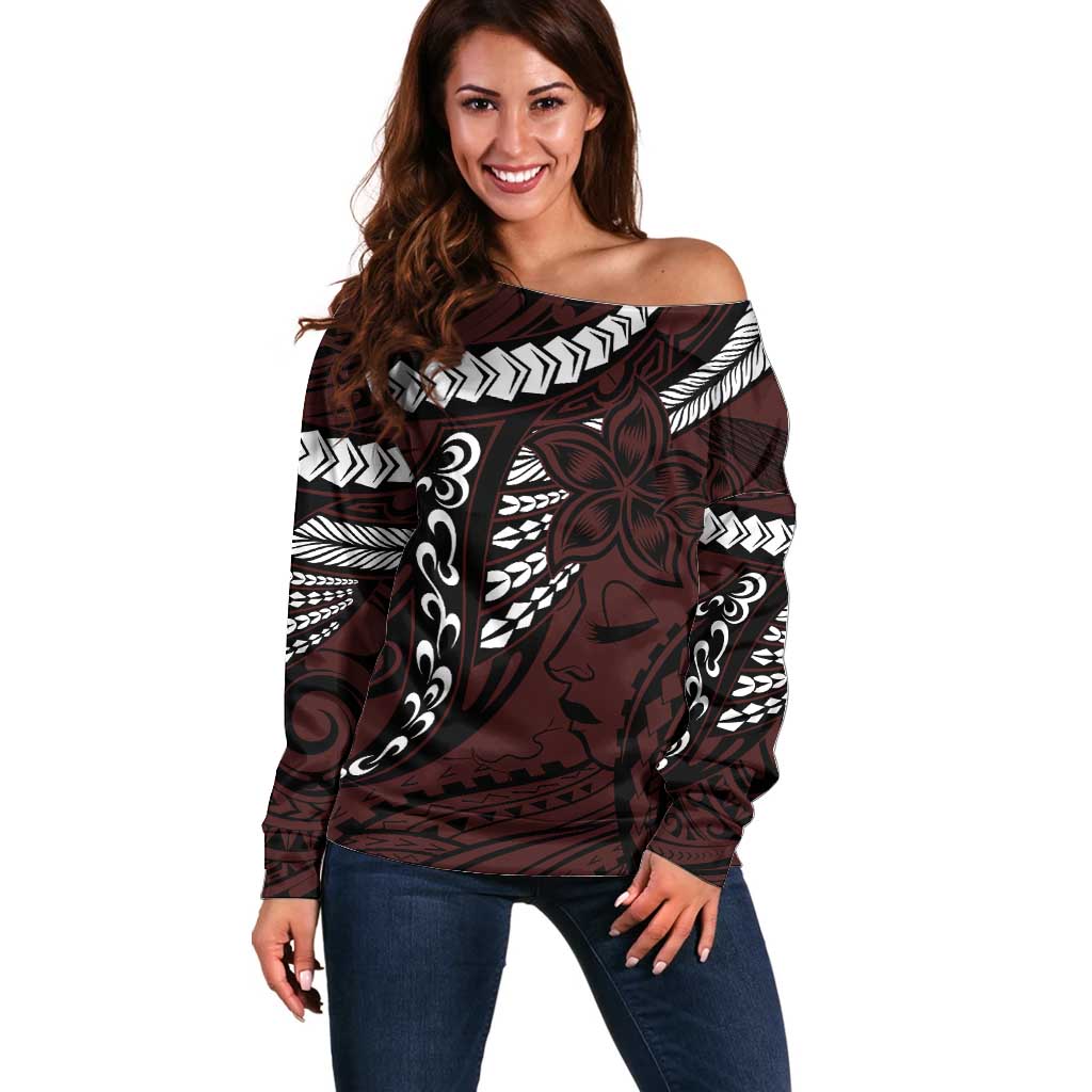 Polynesian Girl Tribal Tattoo Off Shoulder Sweater Oxbood Vibe LT9 Women Oxblood - Polynesian Pride