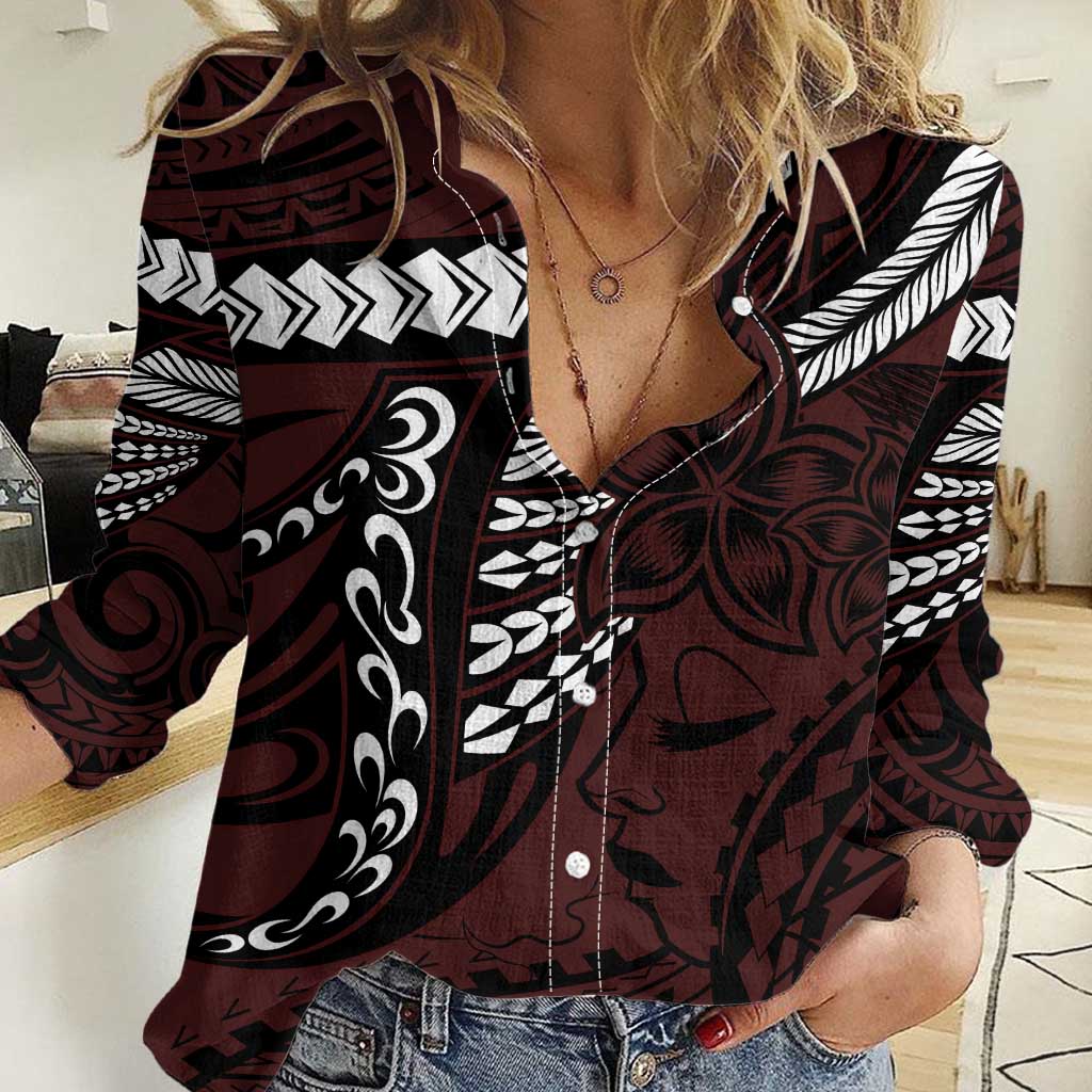 Polynesian Girl Tribal Tattoo Women Casual Shirt Oxbood Vibe LT9 Female Oxblood - Polynesian Pride