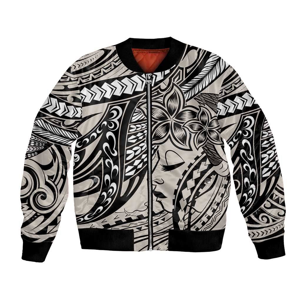 Polynesian Girl Tribal Tattoo Bomber Jacket Beige Vibe LT9 Unisex Beige - Polynesian Pride