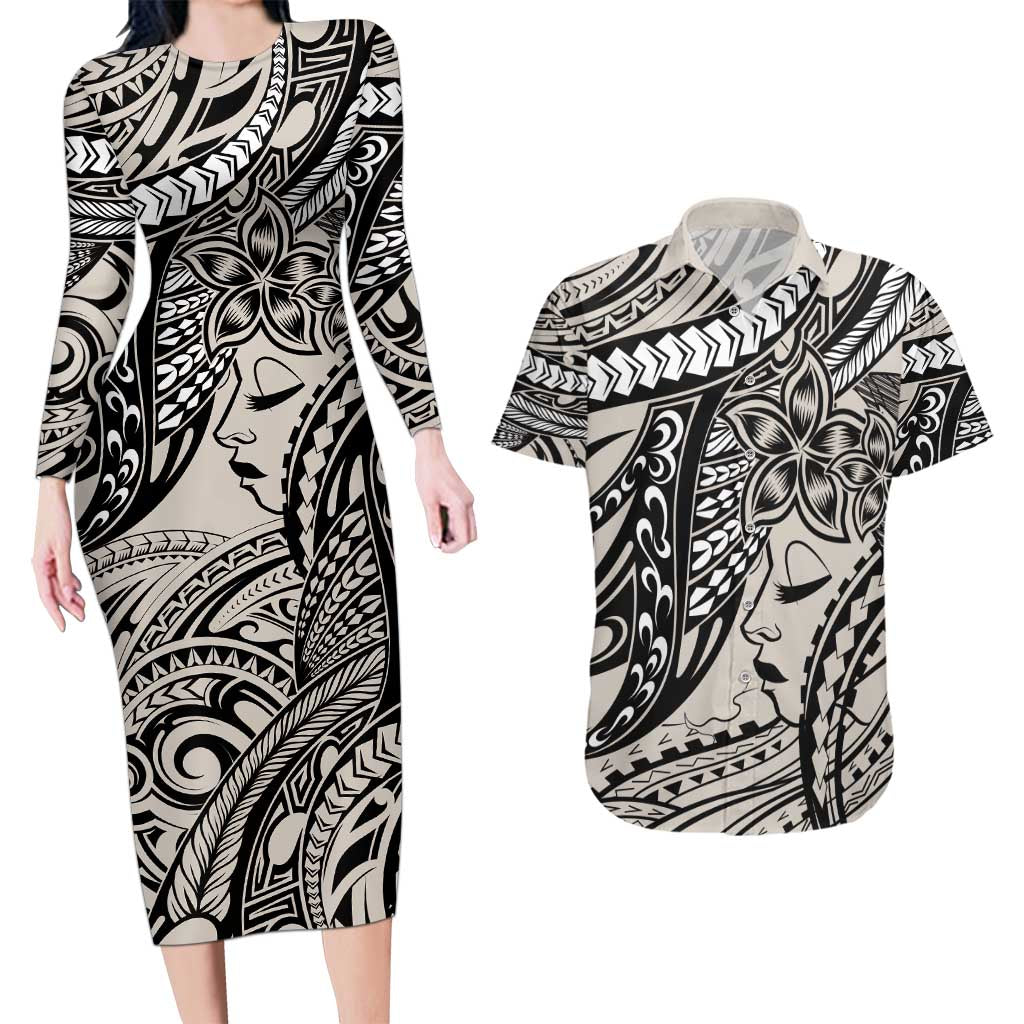 Polynesian Girl Tribal Tattoo Couples Matching Long Sleeve Bodycon Dress and Hawaiian Shirt Beige Vibe LT9 Beige - Polynesian Pride
