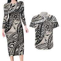 Polynesian Girl Tribal Tattoo Couples Matching Long Sleeve Bodycon Dress and Hawaiian Shirt Beige Vibe LT9 Beige - Polynesian Pride