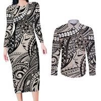 Polynesian Girl Tribal Tattoo Couples Matching Long Sleeve Bodycon Dress and Long Sleeve Button Shirt Beige Vibe LT9 Beige - Polynesian Pride