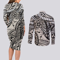 Polynesian Girl Tribal Tattoo Couples Matching Long Sleeve Bodycon Dress and Long Sleeve Button Shirt Beige Vibe LT9 - Polynesian Pride