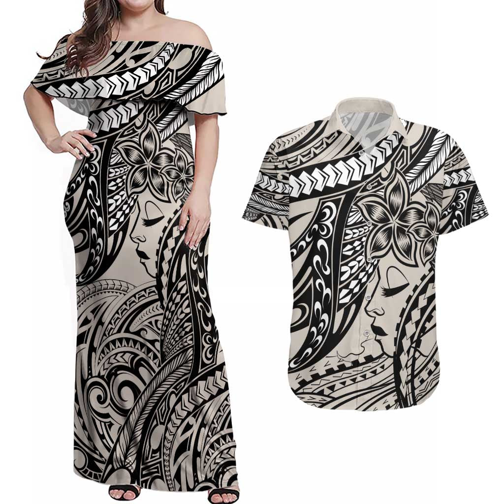 Polynesian Girl Tribal Tattoo Couples Matching Off Shoulder Maxi Dress and Hawaiian Shirt Beige Vibe LT9 Beige - Polynesian Pride