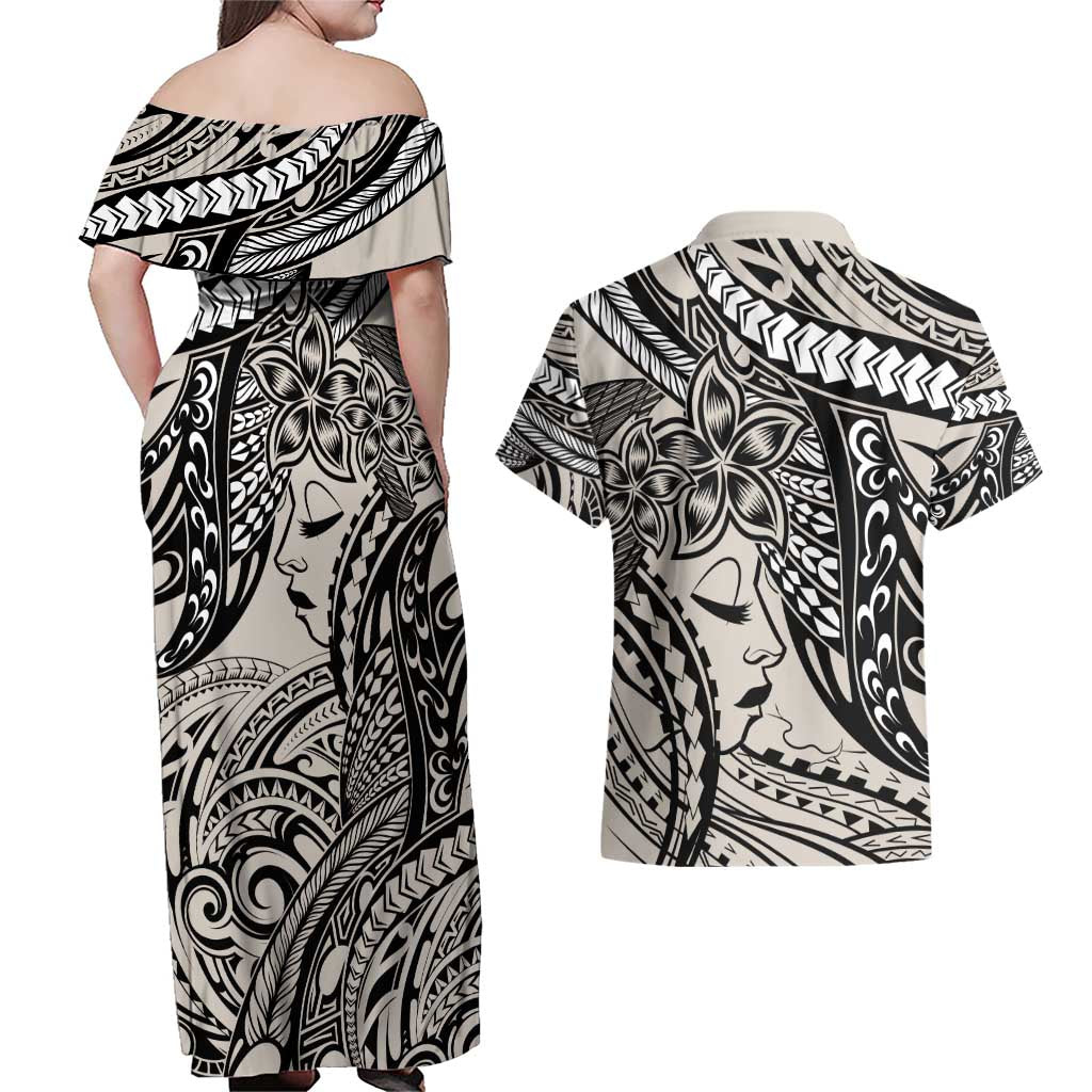 Polynesian Girl Tribal Tattoo Couples Matching Off Shoulder Maxi Dress and Hawaiian Shirt Beige Vibe LT9 - Polynesian Pride