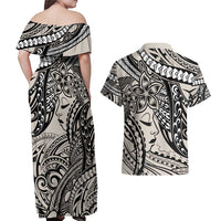 Polynesian Girl Tribal Tattoo Couples Matching Off Shoulder Maxi Dress and Hawaiian Shirt Beige Vibe LT9 - Polynesian Pride