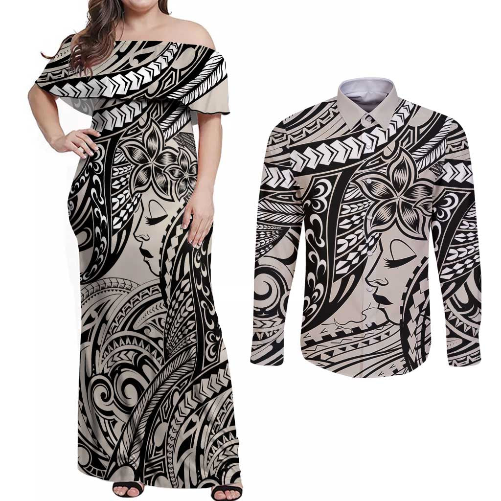 Polynesian Girl Tribal Tattoo Couples Matching Off Shoulder Maxi Dress and Long Sleeve Button Shirt Beige Vibe LT9 Beige - Polynesian Pride