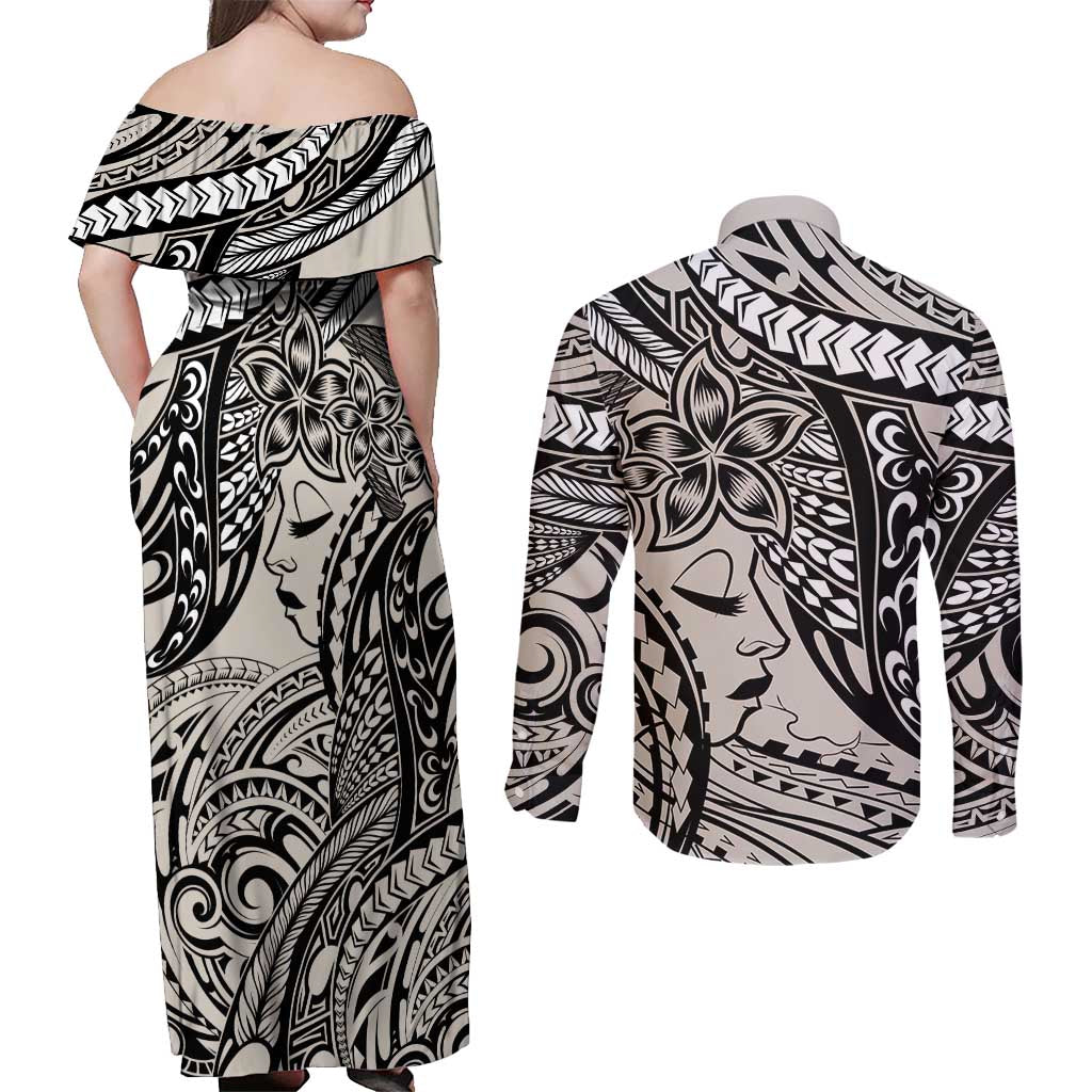 Polynesian Girl Tribal Tattoo Couples Matching Off Shoulder Maxi Dress and Long Sleeve Button Shirt Beige Vibe LT9 - Polynesian Pride