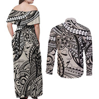 Polynesian Girl Tribal Tattoo Couples Matching Off Shoulder Maxi Dress and Long Sleeve Button Shirt Beige Vibe LT9 - Polynesian Pride