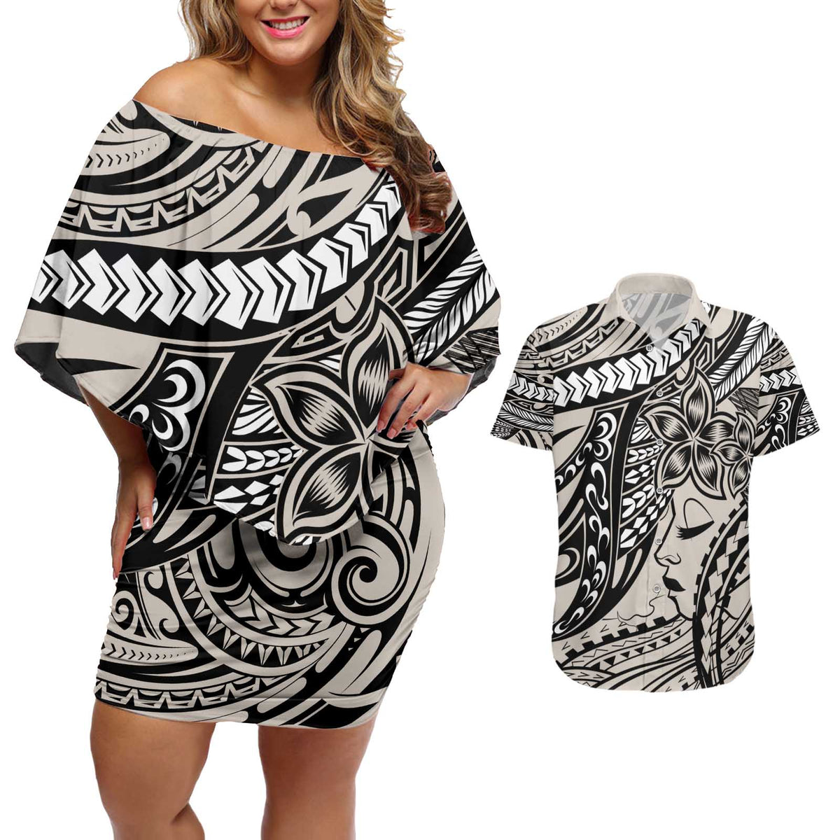 Polynesian Girl Tribal Tattoo Couples Matching Off Shoulder Short Dress and Hawaiian Shirt Beige Vibe LT9 Beige - Polynesian Pride
