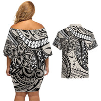 Polynesian Girl Tribal Tattoo Couples Matching Off Shoulder Short Dress and Hawaiian Shirt Beige Vibe LT9 - Polynesian Pride