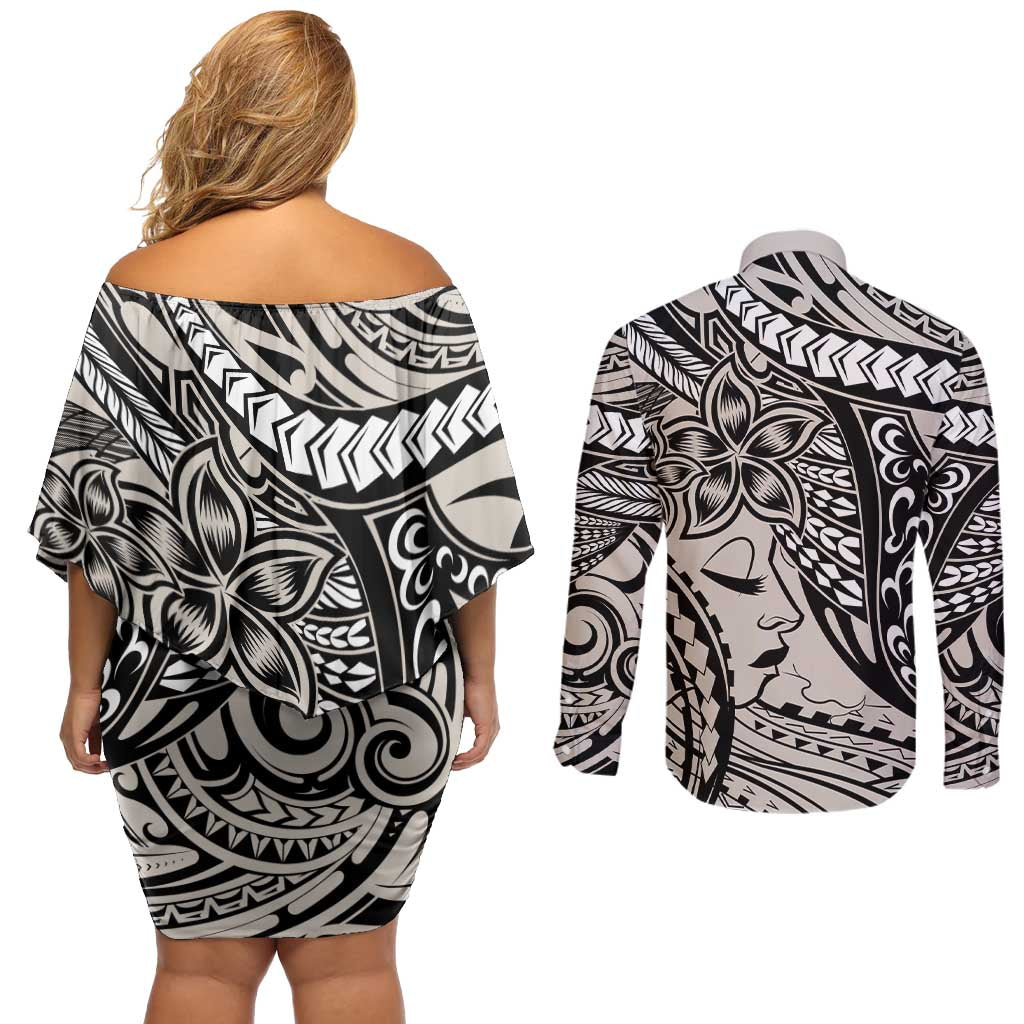 Polynesian Girl Tribal Tattoo Couples Matching Off Shoulder Short Dress and Long Sleeve Button Shirt Beige Vibe LT9 - Polynesian Pride