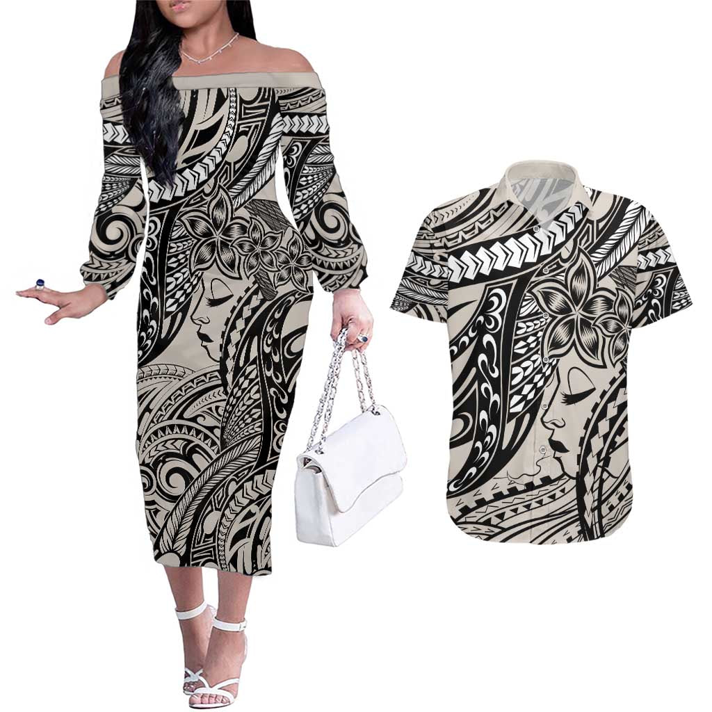 Polynesian Girl Tribal Tattoo Couples Matching Off The Shoulder Long Sleeve Dress and Hawaiian Shirt Beige Vibe LT9 Beige - Polynesian Pride
