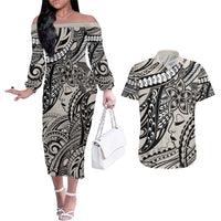 Polynesian Girl Tribal Tattoo Couples Matching Off The Shoulder Long Sleeve Dress and Hawaiian Shirt Beige Vibe LT9 Beige - Polynesian Pride