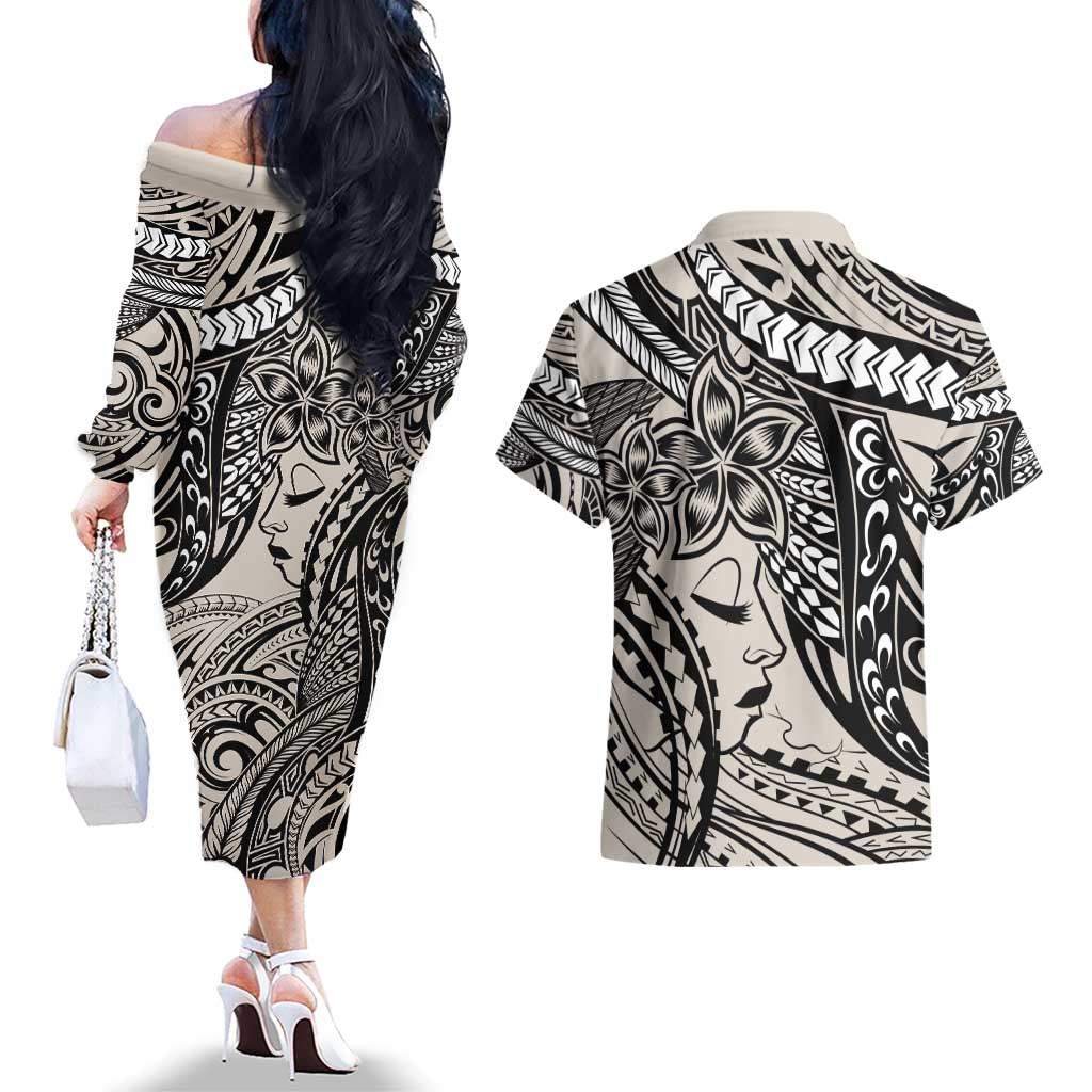 Polynesian Girl Tribal Tattoo Couples Matching Off The Shoulder Long Sleeve Dress and Hawaiian Shirt Beige Vibe LT9 - Polynesian Pride