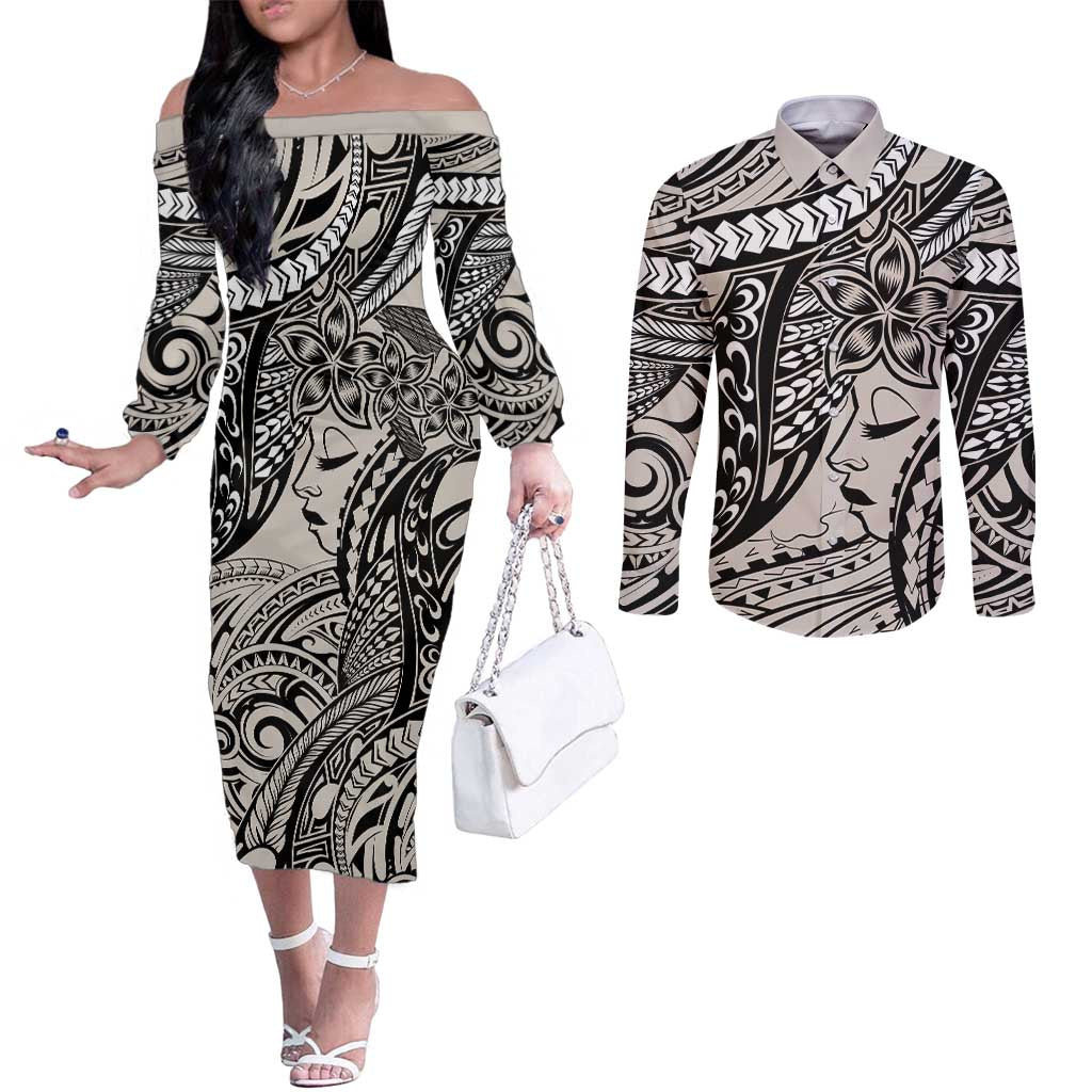Polynesian Girl Tribal Tattoo Couples Matching Off The Shoulder Long Sleeve Dress and Long Sleeve Button Shirt Beige Vibe LT9 Beige - Polynesian Pride
