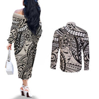 Polynesian Girl Tribal Tattoo Couples Matching Off The Shoulder Long Sleeve Dress and Long Sleeve Button Shirt Beige Vibe LT9 - Polynesian Pride