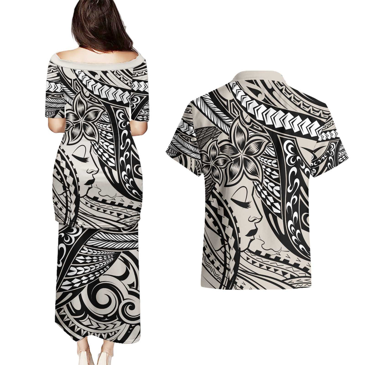 Polynesian Girl Tribal Tattoo Couples Matching Puletasi and Hawaiian Shirt Beige Vibe LT9 - Polynesian Pride