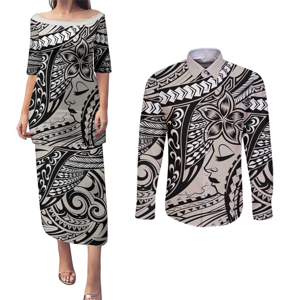 Polynesian Girl Tribal Tattoo Couples Matching Puletasi and Long Sleeve Button Shirt Beige Vibe LT9 Beige - Polynesian Pride
