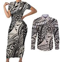 Polynesian Girl Tribal Tattoo Couples Matching Short Sleeve Bodycon Dress and Long Sleeve Button Shirt Beige Vibe LT9 Beige - Polynesian Pride