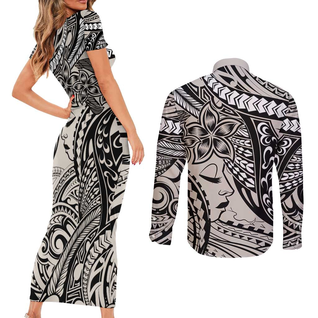 Polynesian Girl Tribal Tattoo Couples Matching Short Sleeve Bodycon Dress and Long Sleeve Button Shirt Beige Vibe LT9 - Polynesian Pride