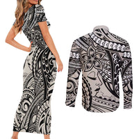 Polynesian Girl Tribal Tattoo Couples Matching Short Sleeve Bodycon Dress and Long Sleeve Button Shirt Beige Vibe LT9 - Polynesian Pride