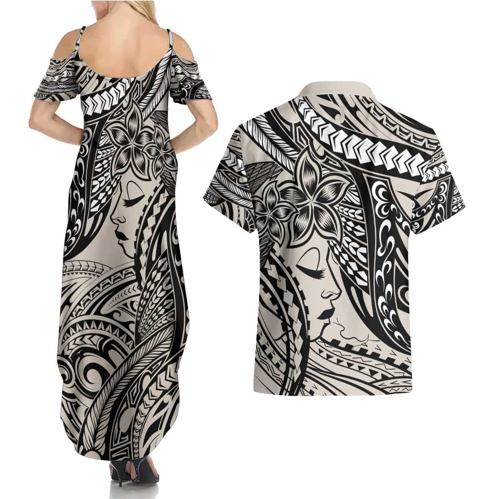 Polynesian Girl Tribal Tattoo Couples Matching Summer Maxi Dress and Hawaiian Shirt Beige Vibe LT9 - Polynesian Pride