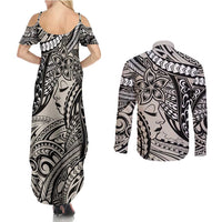 Polynesian Girl Tribal Tattoo Couples Matching Summer Maxi Dress and Long Sleeve Button Shirt Beige Vibe LT9 - Polynesian Pride