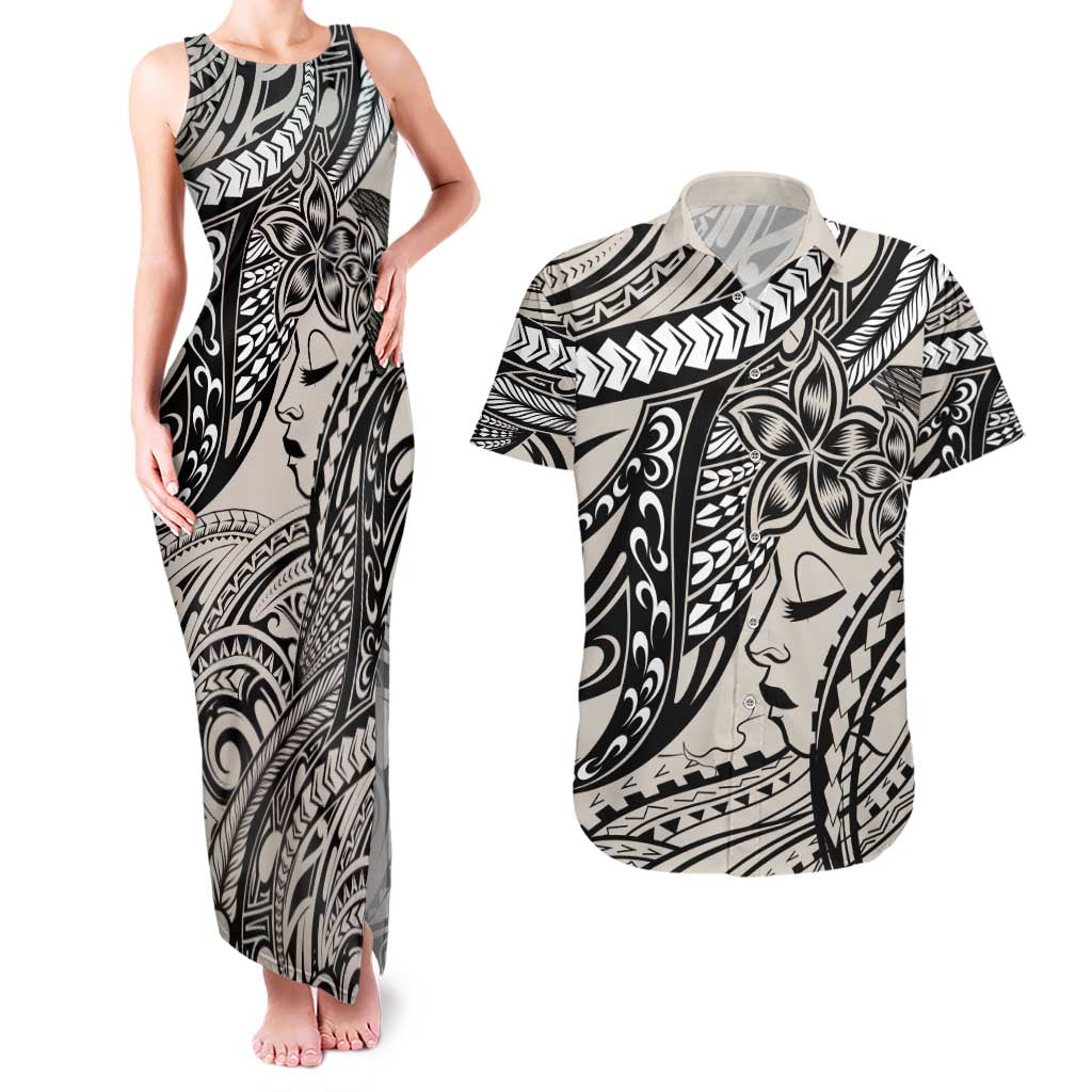Polynesian Girl Tribal Tattoo Couples Matching Tank Maxi Dress and Hawaiian Shirt Beige Vibe LT9 Beige - Polynesian Pride