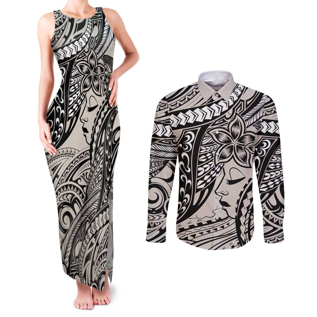 Polynesian Girl Tribal Tattoo Couples Matching Tank Maxi Dress and Long Sleeve Button Shirt Beige Vibe LT9 Beige - Polynesian Pride