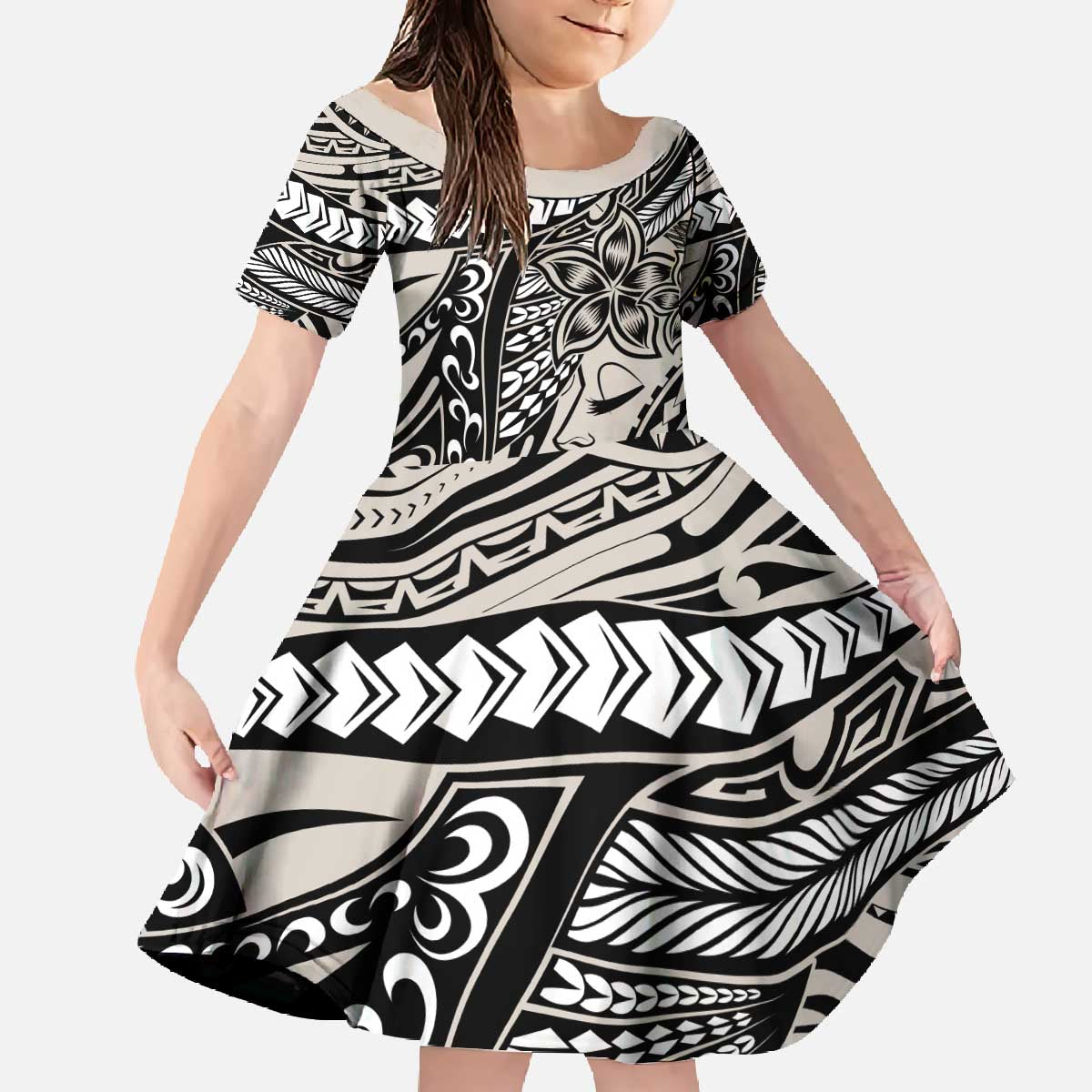Polynesian Girl Tribal Tattoo Family Matching Off The Shoulder Long Sleeve Dress and Hawaiian Shirt Beige Vibe LT9 Daughter's Dress Beige - Polynesian Pride