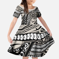 Polynesian Girl Tribal Tattoo Family Matching Off The Shoulder Long Sleeve Dress and Hawaiian Shirt Beige Vibe LT9 Daughter's Dress Beige - Polynesian Pride