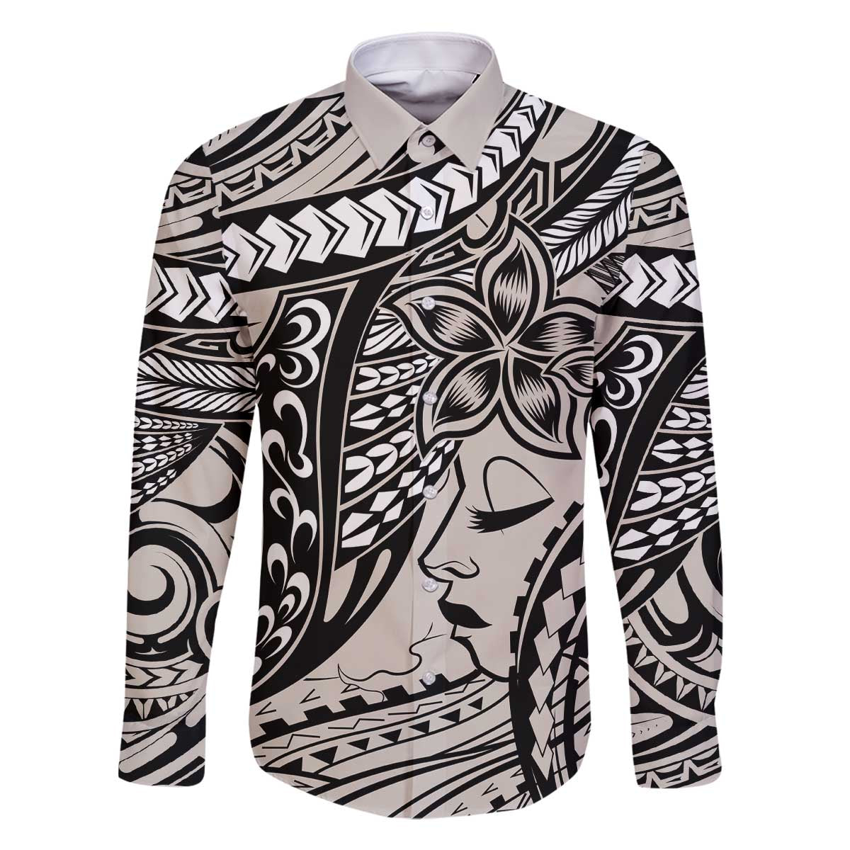 Polynesian Girl Tribal Tattoo Family Matching Off The Shoulder Long Sleeve Dress and Hawaiian Shirt Beige Vibe LT9 Dad's Shirt - Long Sleeve Beige - Polynesian Pride