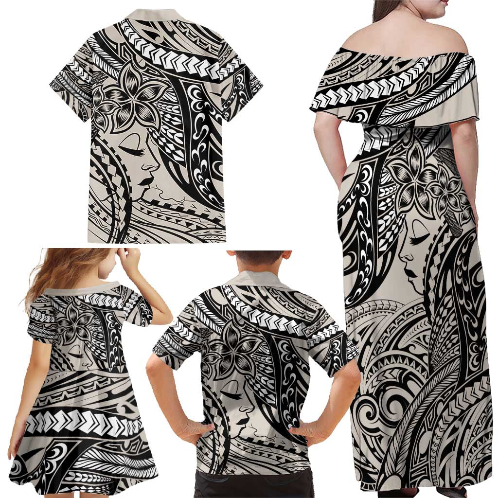 Polynesian Girl Tribal Tattoo Family Matching Off Shoulder Maxi Dress and Hawaiian Shirt Beige Vibe LT9 - Polynesian Pride