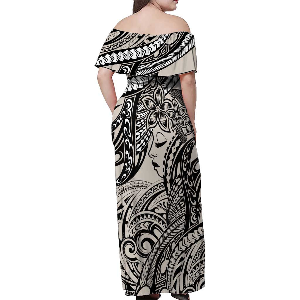 Polynesian Girl Tribal Tattoo Family Matching Off Shoulder Maxi Dress and Hawaiian Shirt Beige Vibe LT9 - Polynesian Pride