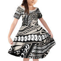 Polynesian Girl Tribal Tattoo Family Matching Off Shoulder Short Dress and Hawaiian Shirt Beige Vibe LT9 Daughter's Dress Beige - Polynesian Pride
