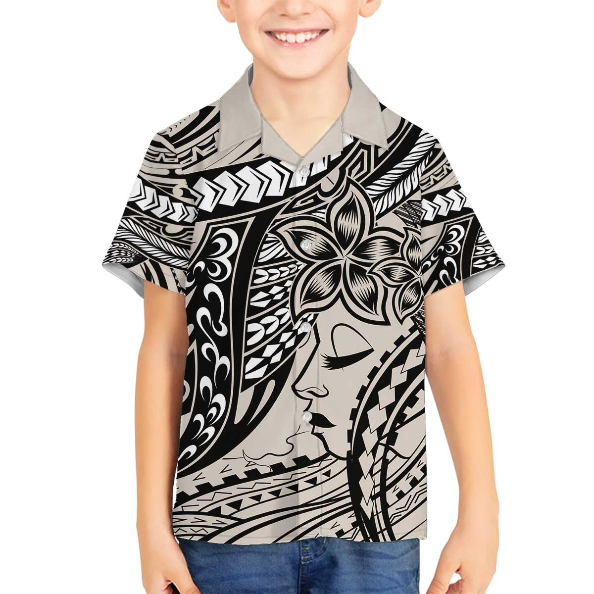 Polynesian Girl Tribal Tattoo Family Matching Puletasi and Hawaiian Shirt Beige Vibe LT9 Son's Shirt Beige - Polynesian Pride