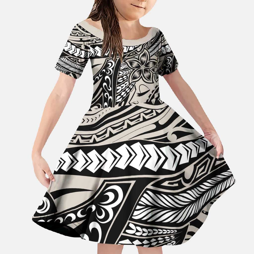 Polynesian Girl Tribal Tattoo Family Matching Summer Maxi Dress and Hawaiian Shirt Beige Vibe LT9 Daughter's Dress Beige - Polynesian Pride