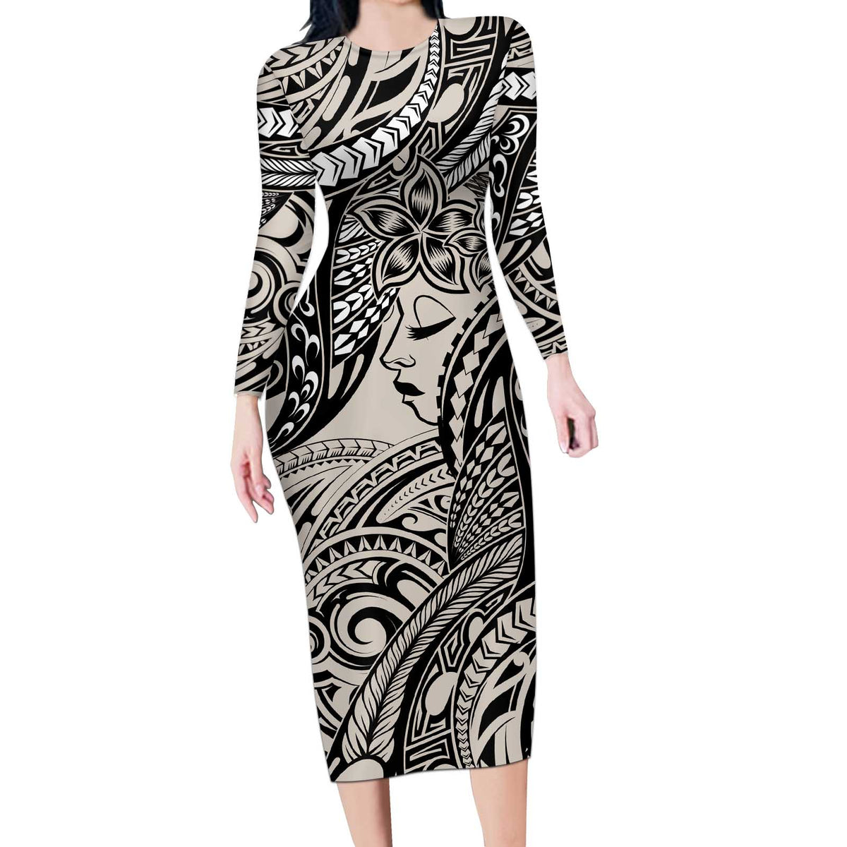Polynesian Girl Tribal Tattoo Long Sleeve Bodycon Dress Beige Vibe LT9 Long Dress Beige - Polynesian Pride