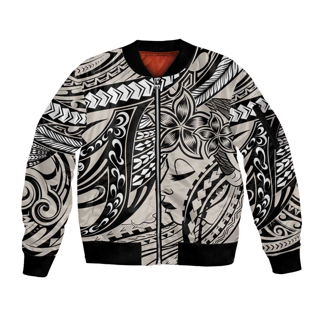 Polynesian Girl Tribal Tattoo Sleeve Zip Bomber Jacket Beige Vibe LT9 Unisex Beige - Polynesian Pride