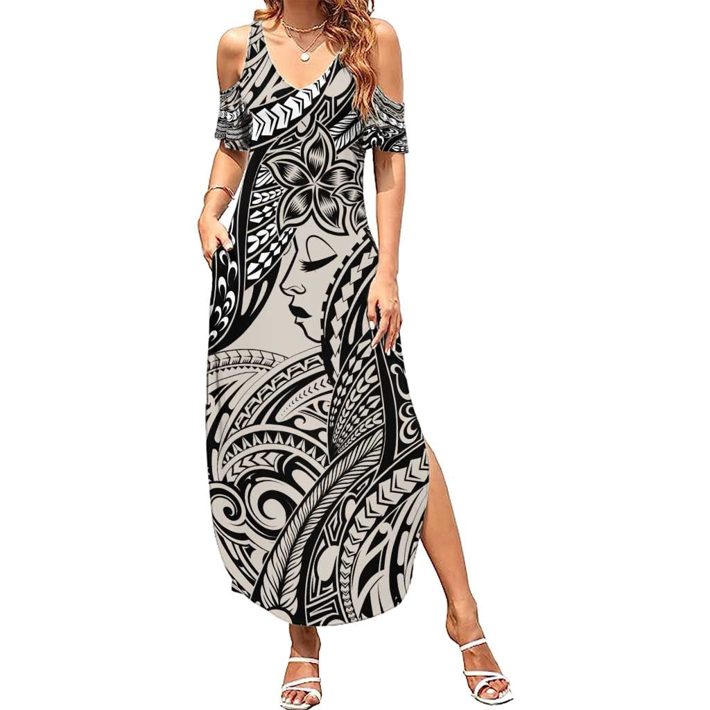Polynesian Girl Tribal Tattoo Summer Maxi Dress Beige Vibe LT9 Women Beige - Polynesian Pride