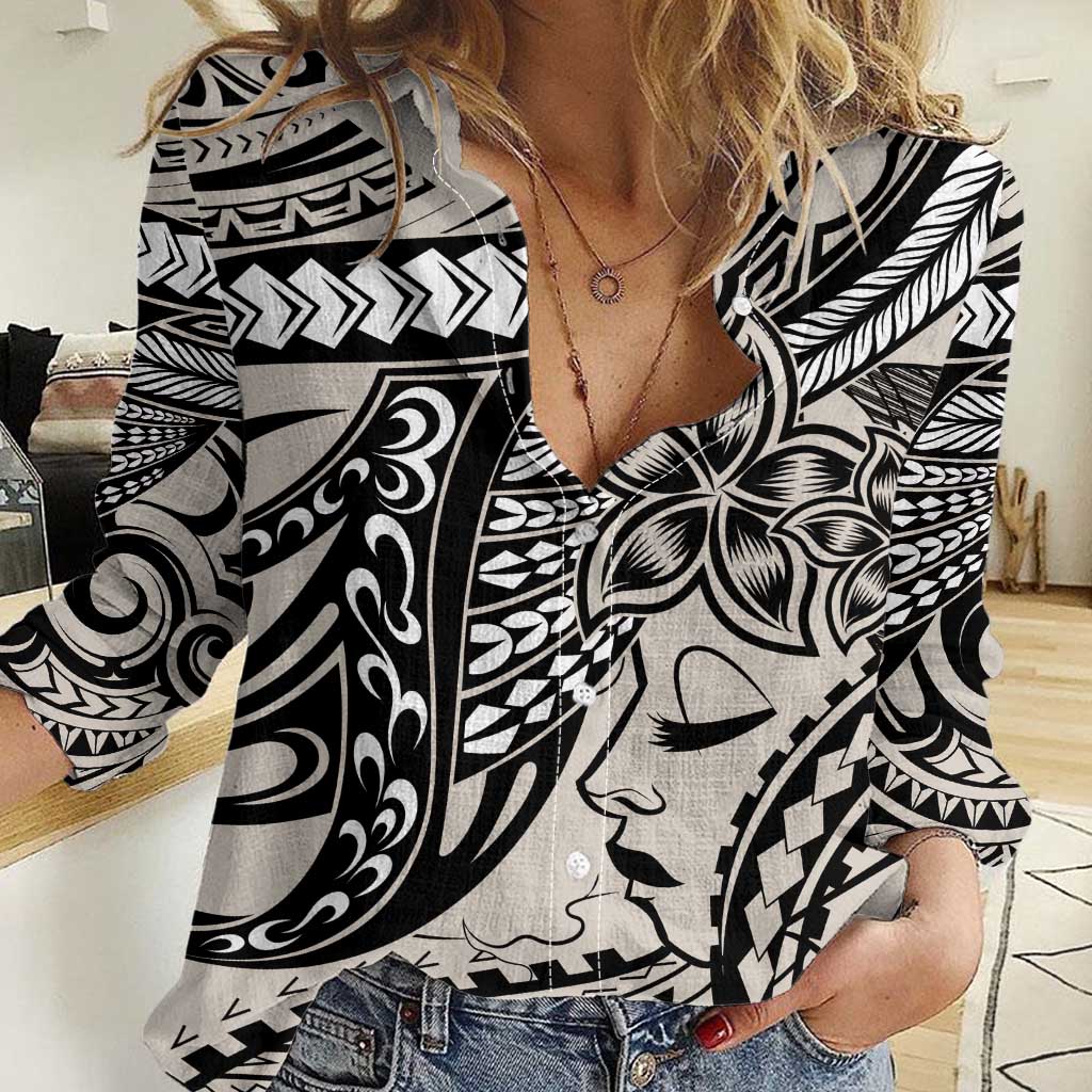 Polynesian Girl Tribal Tattoo Women Casual Shirt Beige Vibe LT9 Female Beige - Polynesian Pride