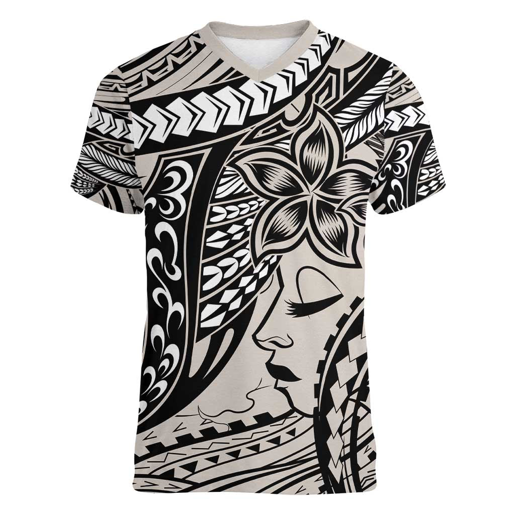 Polynesian Girl Tribal Tattoo Women V-Neck T-Shirt Beige Vibe LT9 Female Beige - Polynesian Pride