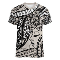 Polynesian Girl Tribal Tattoo Women V-Neck T-Shirt Beige Vibe LT9 Female Beige - Polynesian Pride