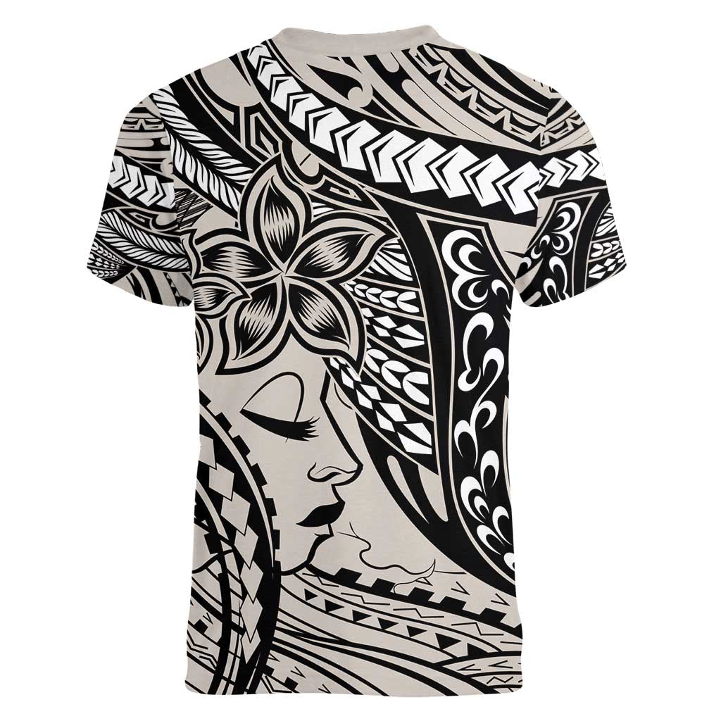 Polynesian Girl Tribal Tattoo Women V-Neck T-Shirt Beige Vibe LT9 - Polynesian Pride
