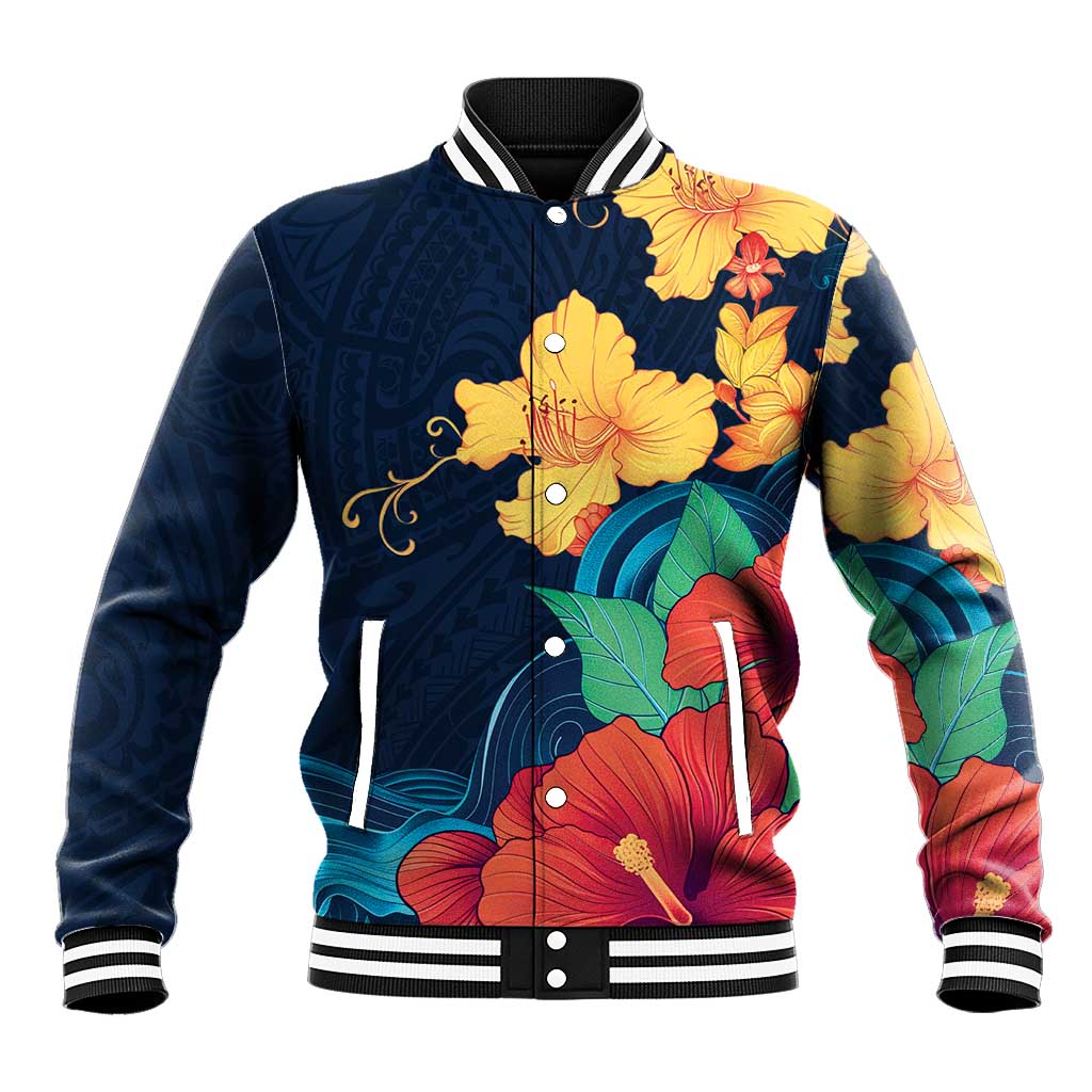Polynesian Hibiscus Flower Waves Pattern Baseball Jacket