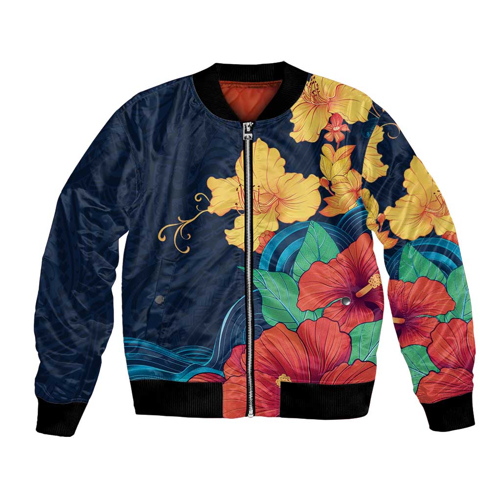 Polynesian Hibiscus Flower Waves Pattern Bomber Jacket LT9 Unisex Dark Blue - Polynesian Pride