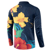 Polynesian Hibiscus Flower Waves Pattern Button Sweatshirt