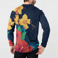 Polynesian Hibiscus Flower Waves Pattern Button Sweatshirt
